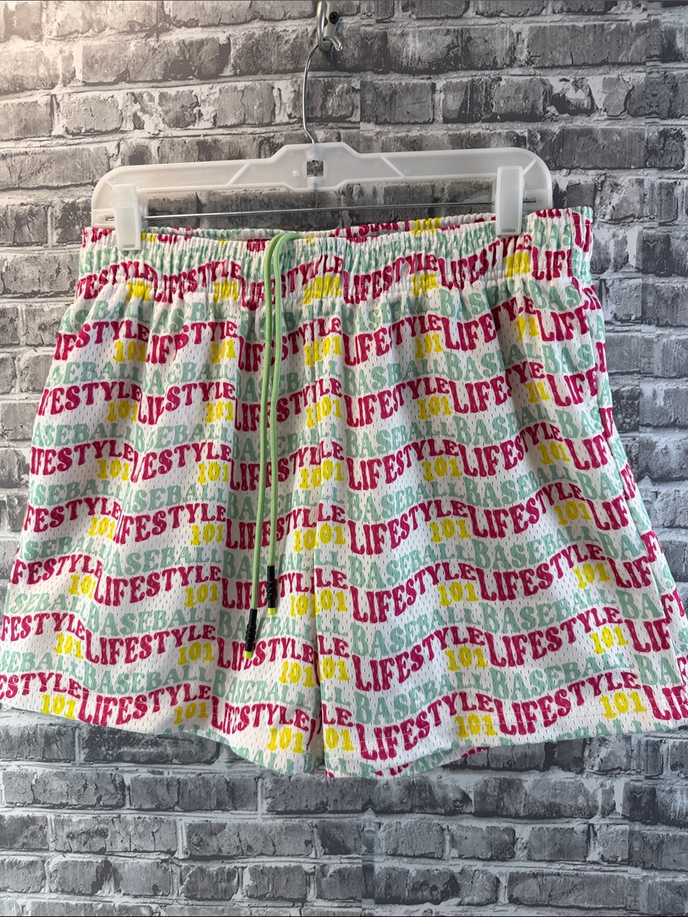 Baseball Lifestyle 101 Print Drawstring Shorts‎ - White with Pink & Green